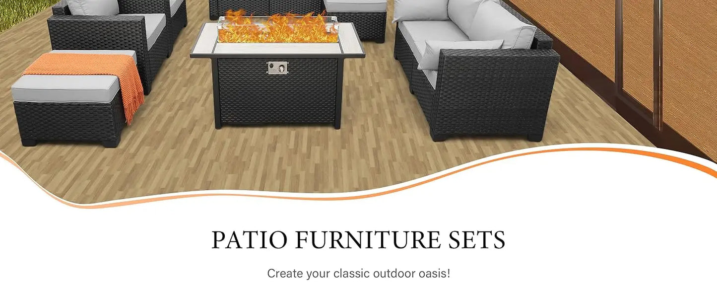 7 Piece Outdoor Furniture Set with Propane Fire Pit Table and Cushions