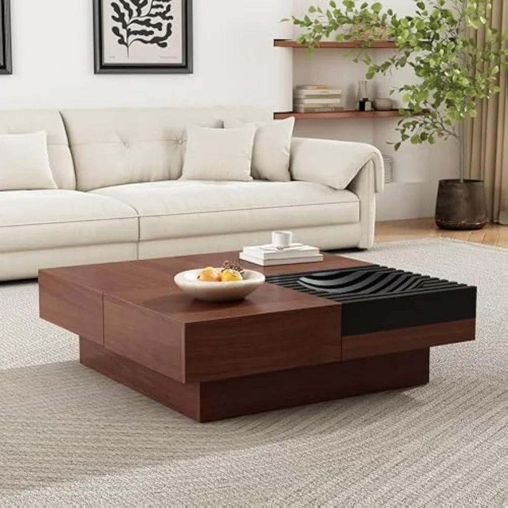 Vintage Acacia Wood Square Coffee Table with Sliding Top and Storage