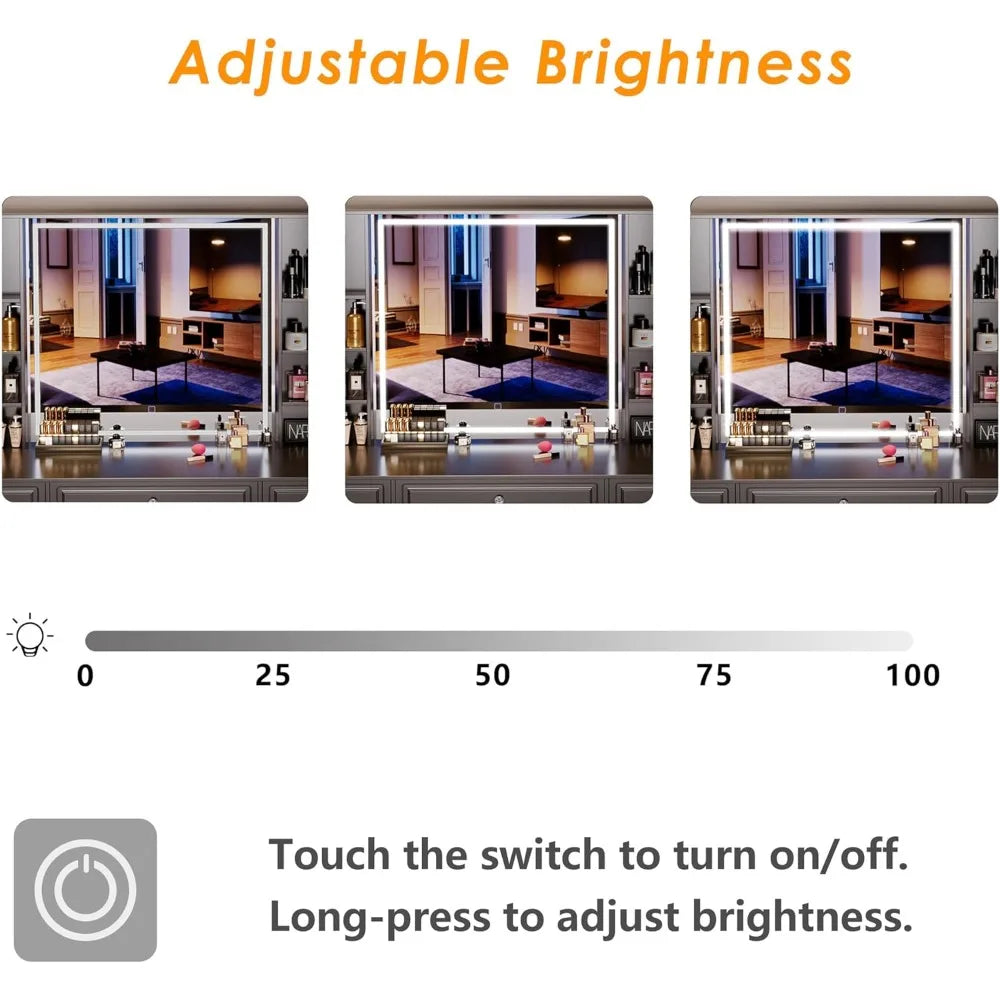 Black Vanity Desk with Lighted Mirror and 9 Storage Drawers for Makeup