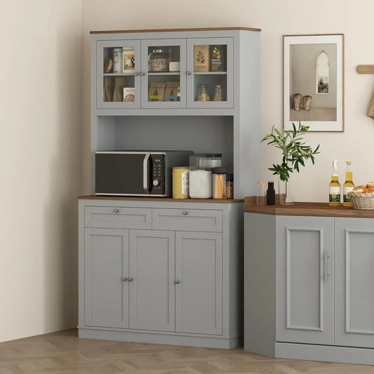 71 Inch Tall Freestanding Kitchen Pantry Hutch with Microwave Stand