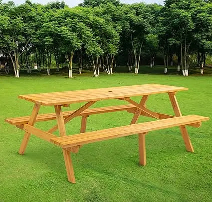 10 Person Solid Wood Outdoor Round Picnic Table and Bench Set