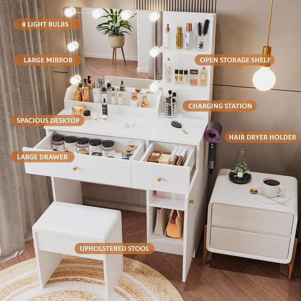 Vanity Desk with LED Mirror and Lights Makeup Table with Storage Cabinets