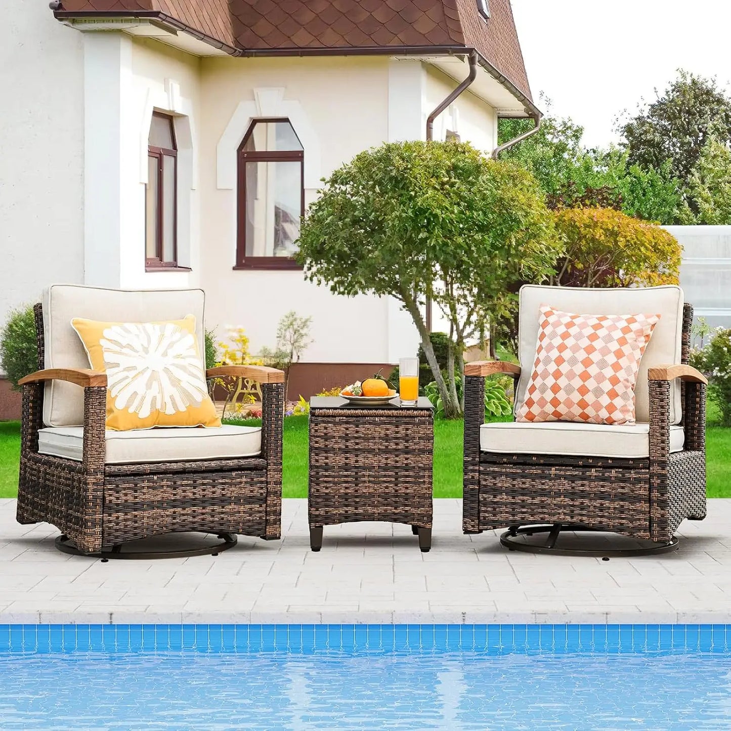 3 Piece Outdoor Swivel Rocker Patio Bistro Set with Side Table