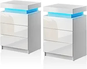 Modern Nightstands Set of 2 with LED Light and 3 Drawers Storage