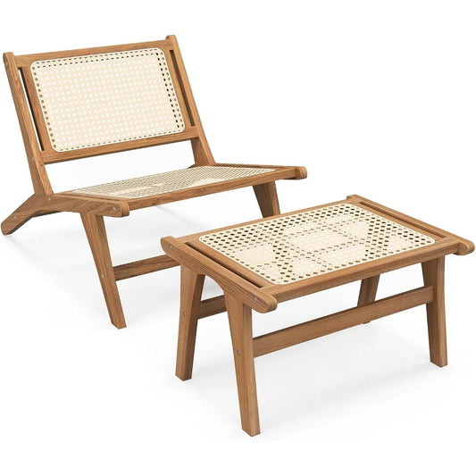 Mid Century Modern Accent Chair Ottoman Handwoven Rattan Teak Wood