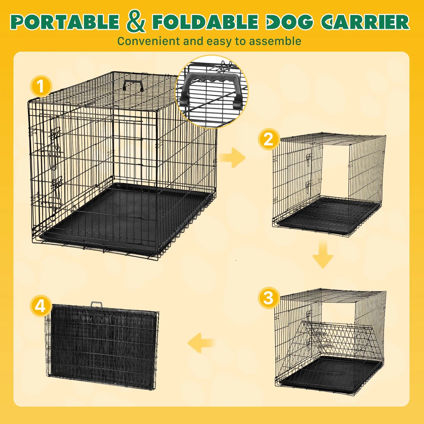 Extra Large Double Door Folding Metal Wire Dog Cage with Leak-Proof Tray