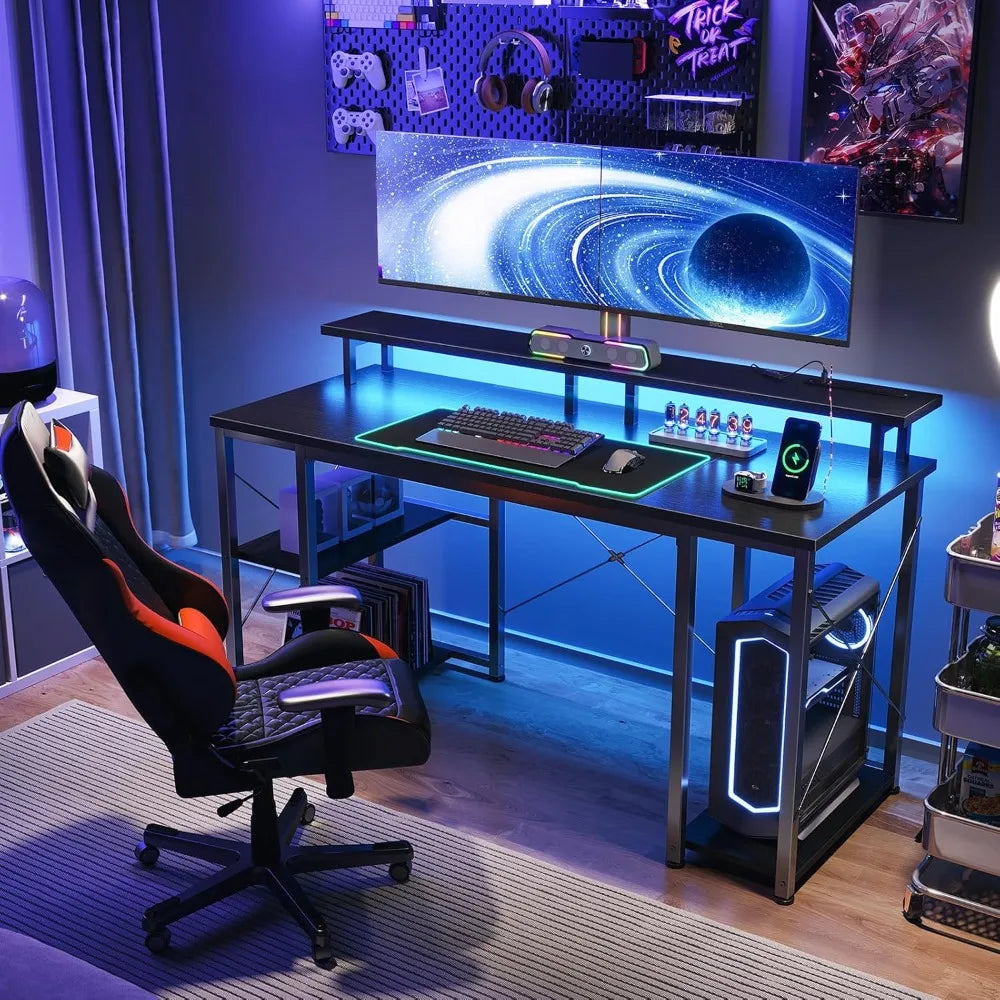 48 Inch Gaming Desk with LED Lights Power Outlets Monitor Stand Storage