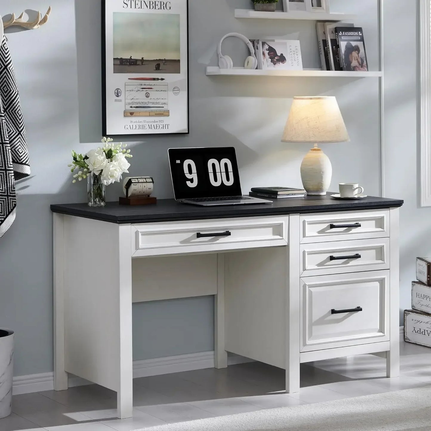 53 Inch Home Office Desk with File Cabinet Modern Farmhouse Computer Desk