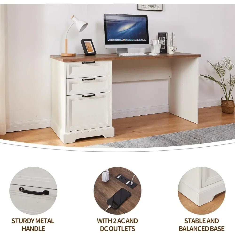 L-Shaped Executive Desk with Adjustable File Cabinet and Charging Station