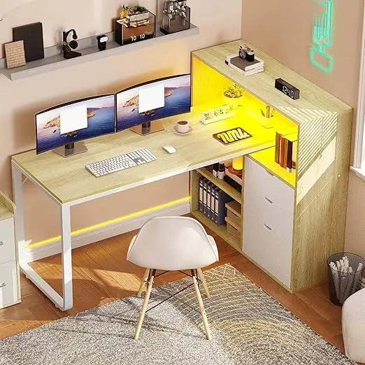 L Shaped Desk with Power Outlets LED Lights Computer Desk with Drawers
