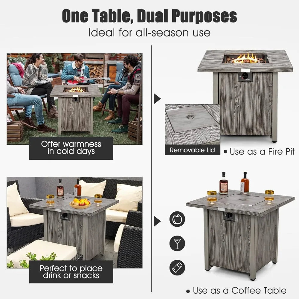28 Inch Square Patio Fire Pit Table 40000 BTU Gas Fire Table with Lid