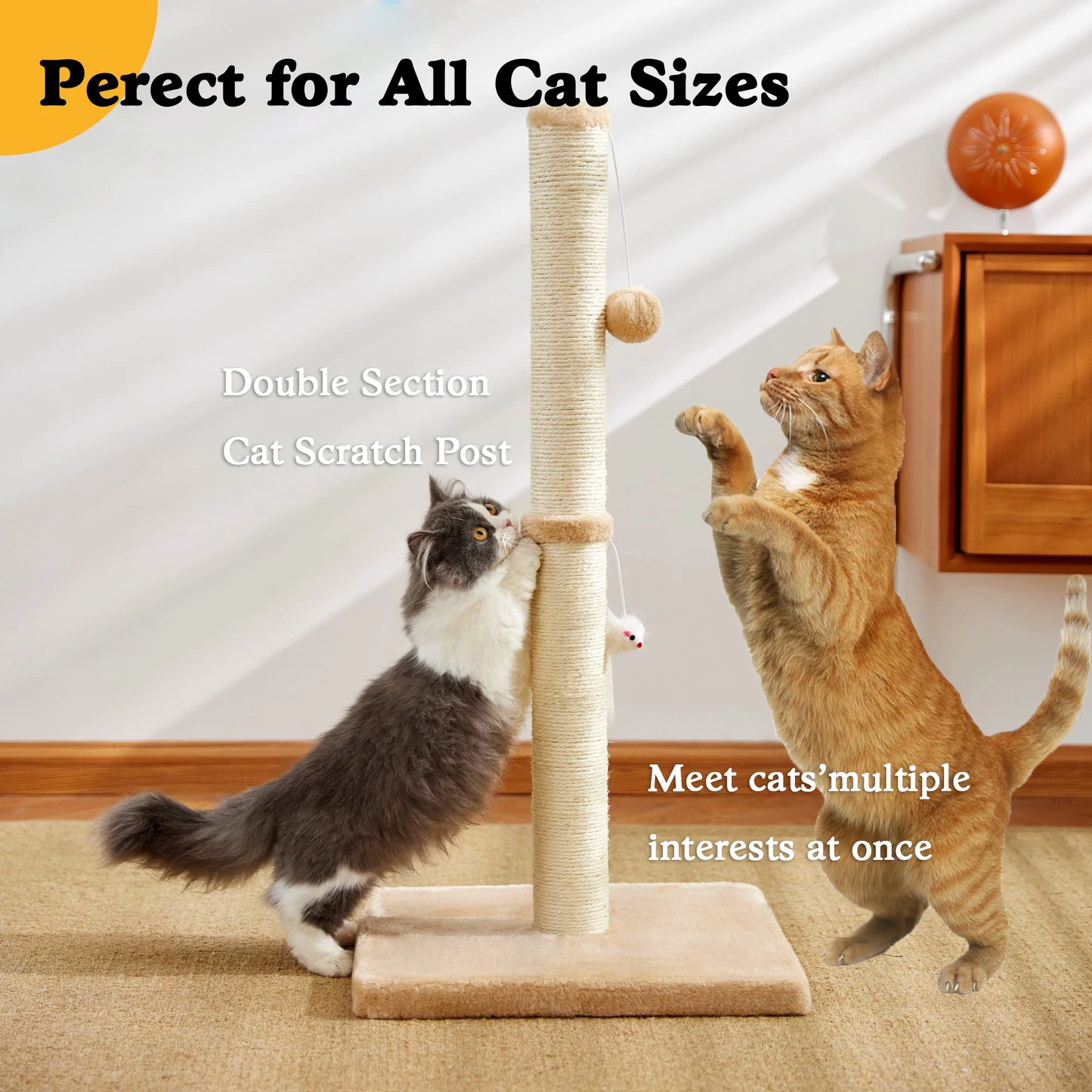 32 Inch Tall Cat Scratching Post with 2 Hanging Balls for Indoor Cats