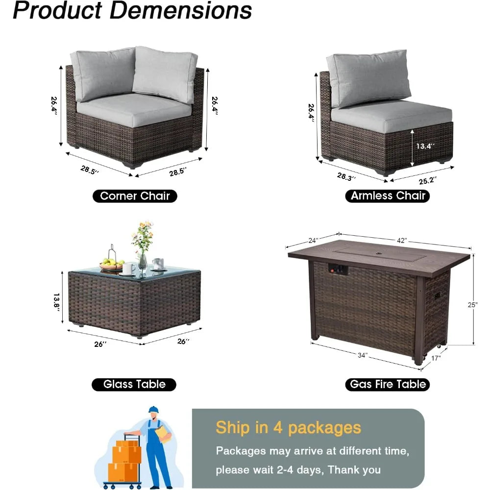 Ljustra 8 Piece Patio Furniture Set with Fire Pit Table Rattan Sectional