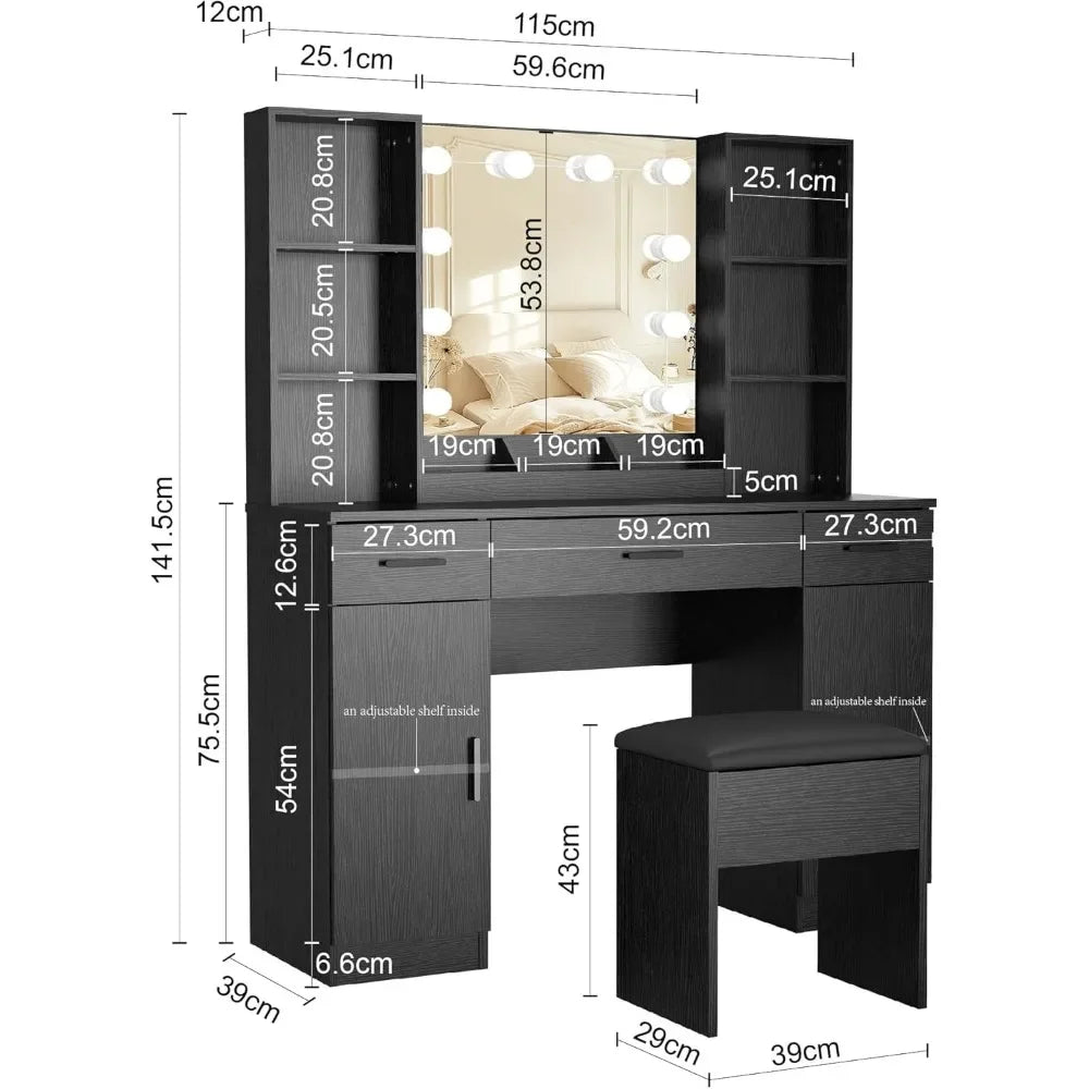 Modern Vanity Desk Makeup Table with Lights Storage Drawers and Shelves