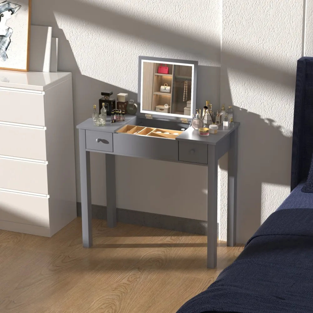 Elegant Black Vanity Table with LED Mirror and Jewelry Storage