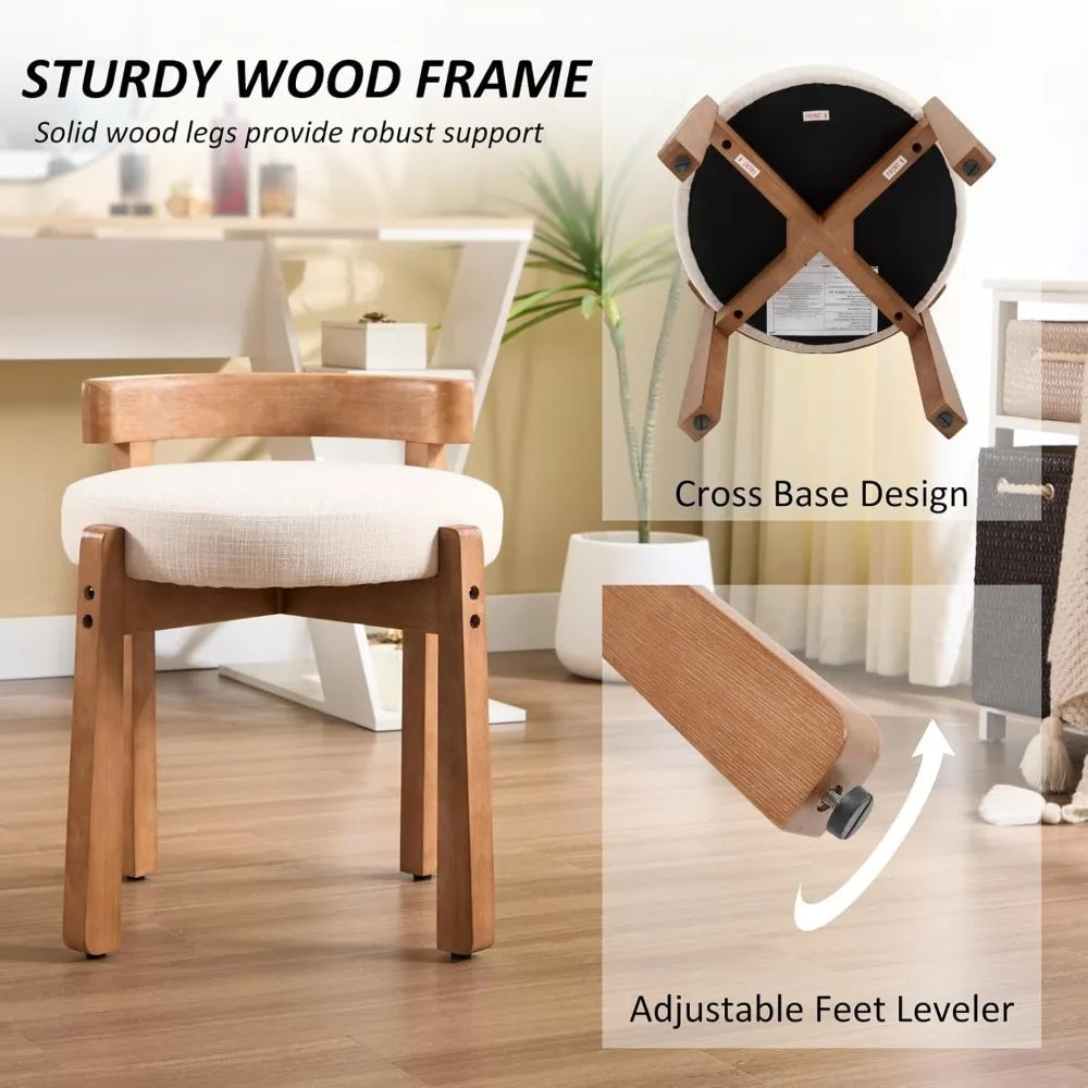 Wood Vanity Chair with Back Linen Upholstered Ottoman Mid-Century Modern