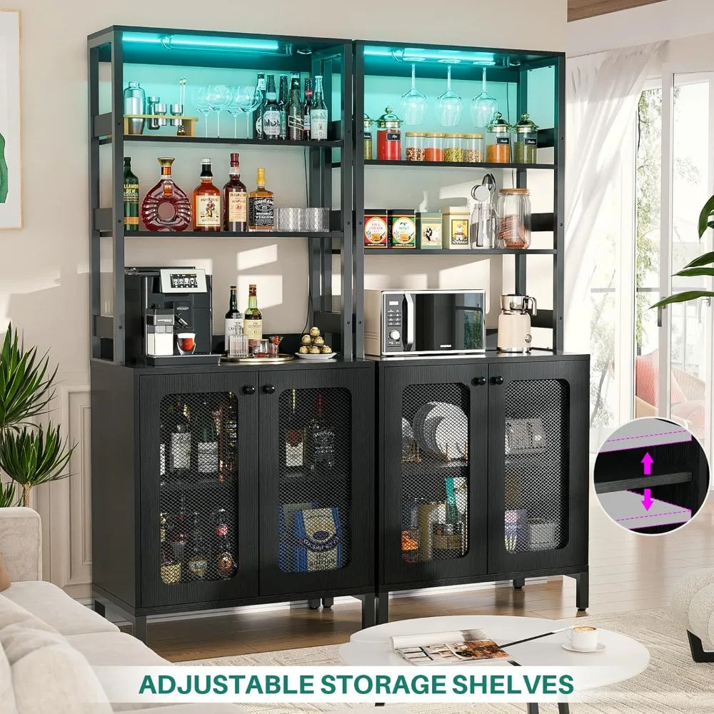 Tall Bar Cabinet with Power Outlets LED Lights Wine Liquor Storage