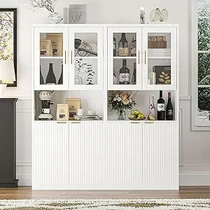 71 Inch Tall Kitchen Pantry Cabinet Fluted Storage with Glass Doors