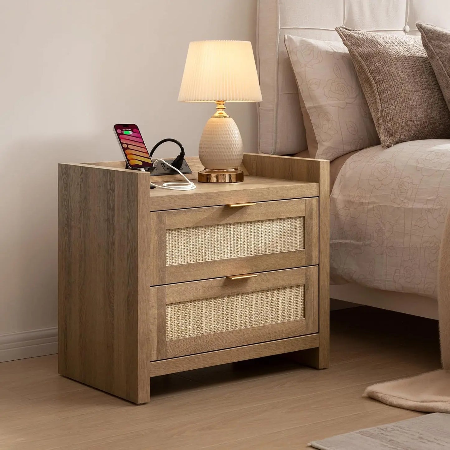 Rattan Nightstand End Table with Charging Station and 2 Drawers Storage