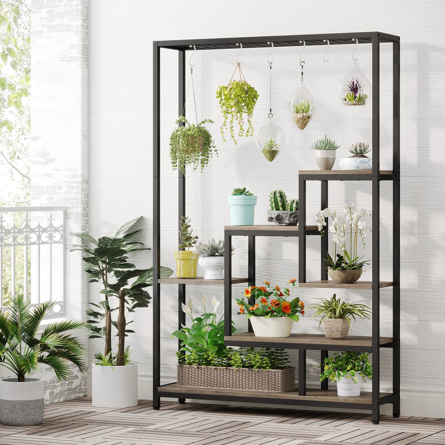 Ljustra 5 Tier Tall Indoor Plant Stand Shelf with Hanging Hooks