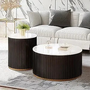 Round Wood Coffee Table Set of 2 Handcrafted Modern Accent Tables