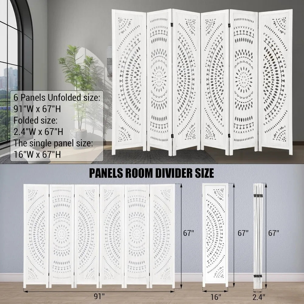 Folding Wood Carved Privacy Screen Room Divider 66.9Inch Freestanding