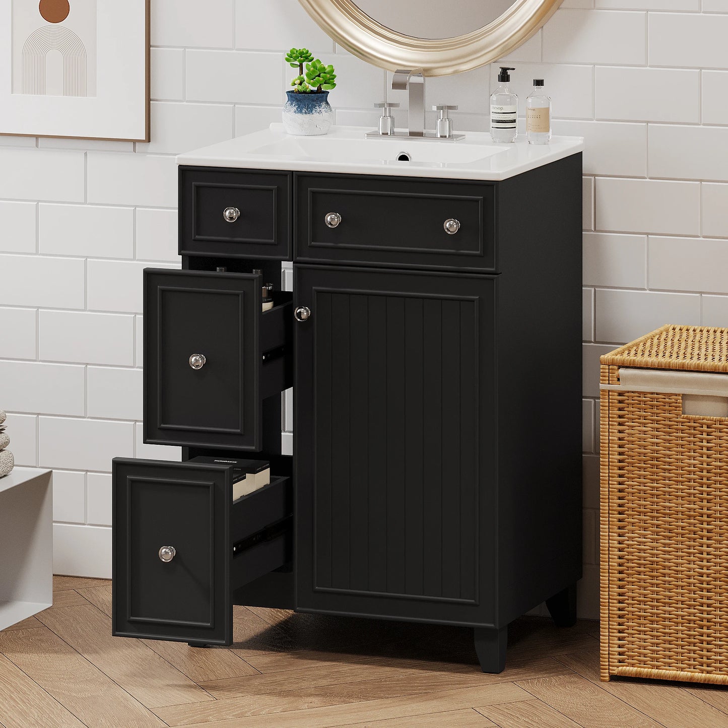 24 Inch Bathroom Vanity Cabinet Ceramic Sink 2 Drawers Storage