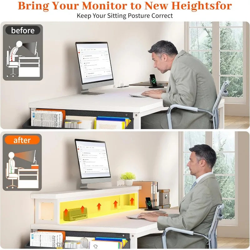 Ljustra 57" White Desk with Power Outlets Storage Shelves Monitor Stand