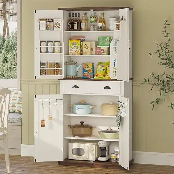 Farmhouse Kitchen Pantry Storage Cabinet Freestanding Hutch Drawers Shelves