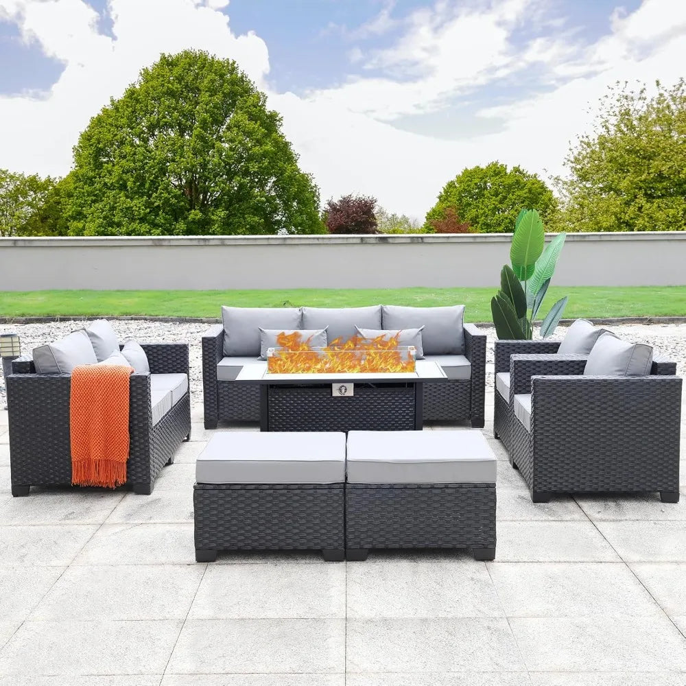 7 Piece Outdoor Furniture Set with Propane Fire Pit Table and Cushions