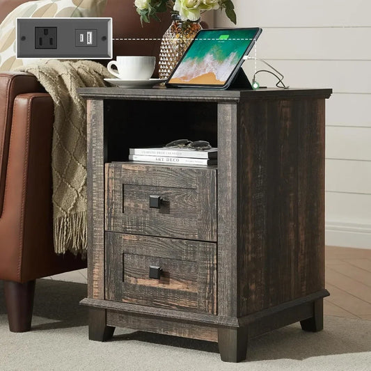 18 Farmhouse End Table Nightstand with Charging Station and 2 Drawers