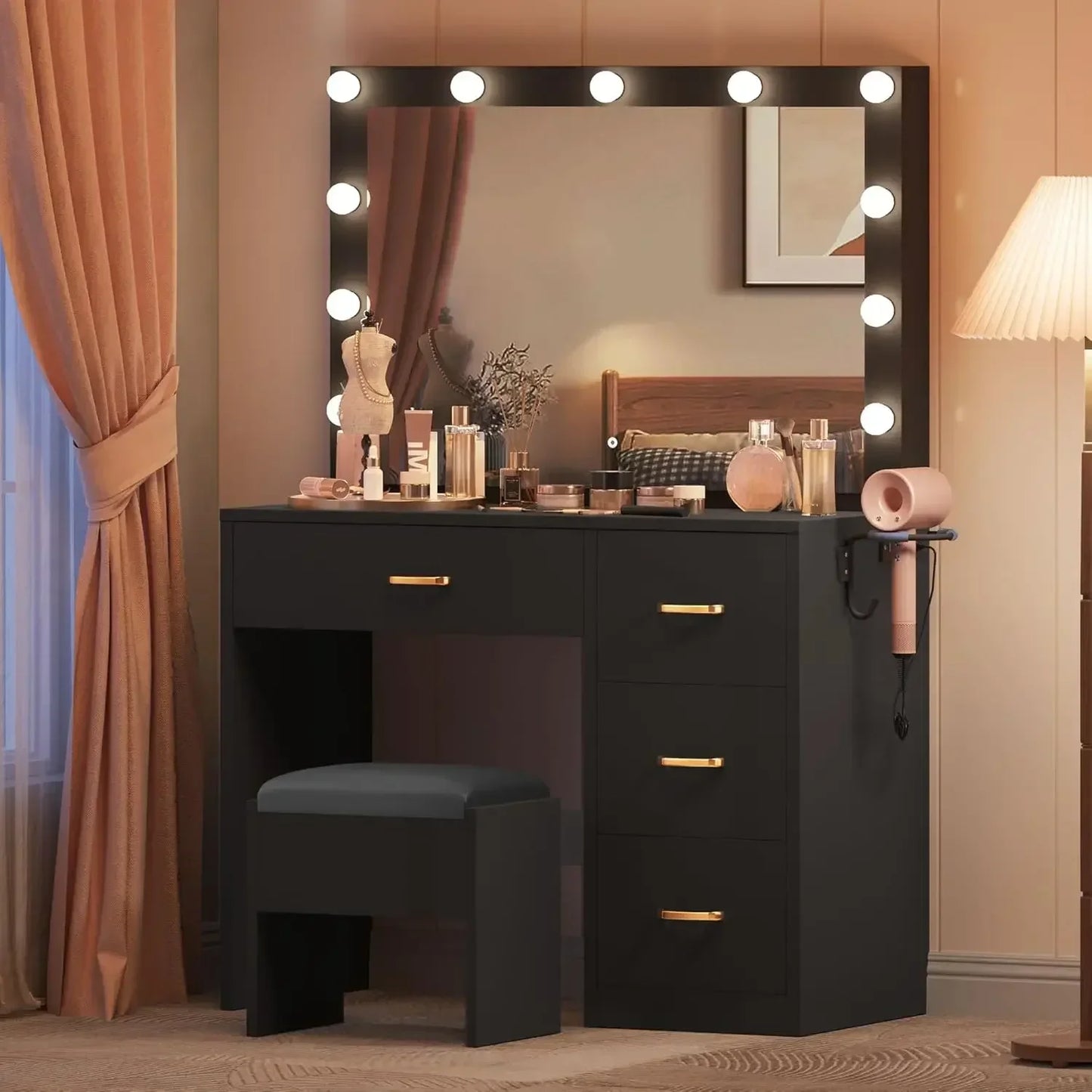 Makeup Vanity Table Set with Large Mirror and Cushioned Stool for Women