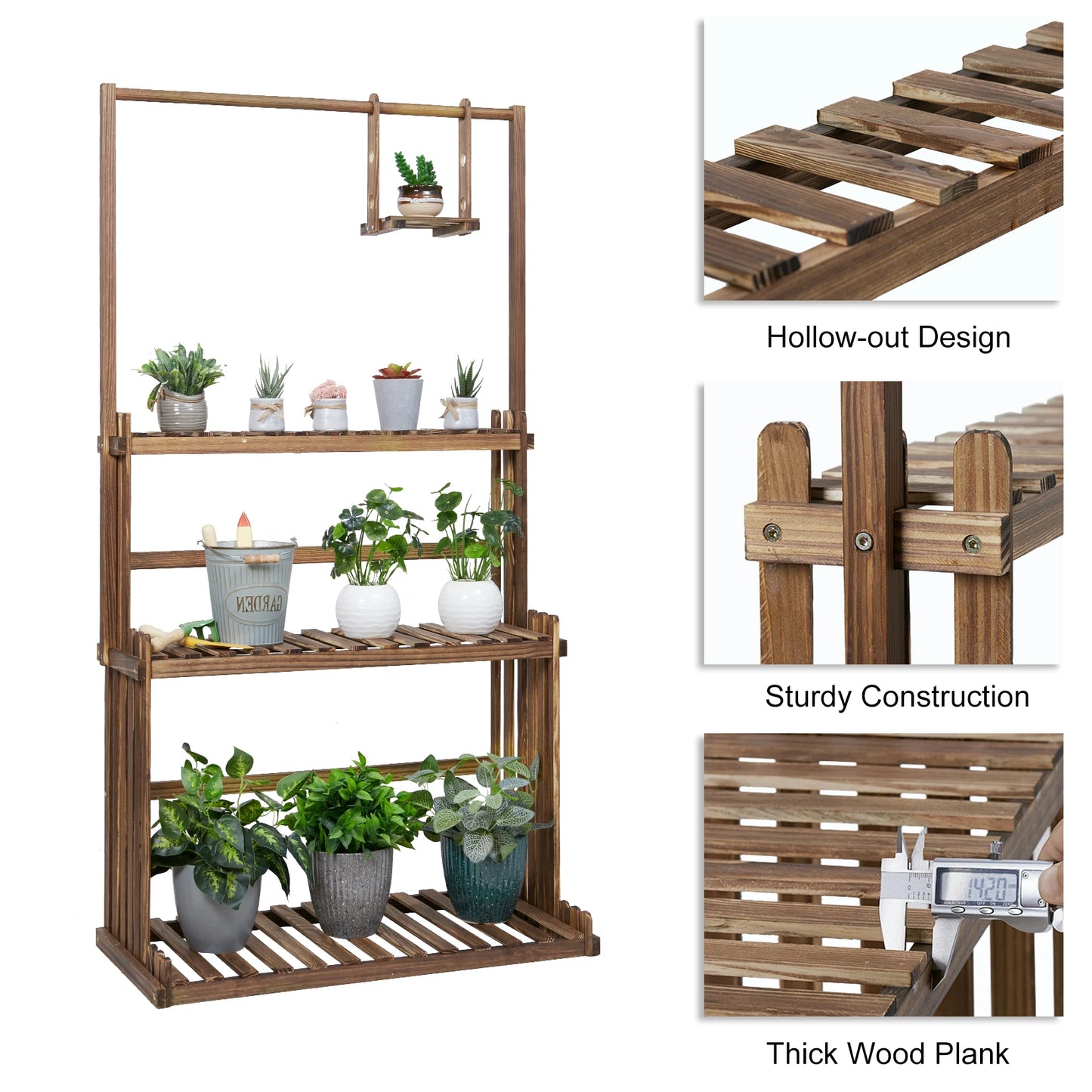 3-Tier Hanging Wood Plant Stand Indoor Outdoor Flower Pot Organizer Rack