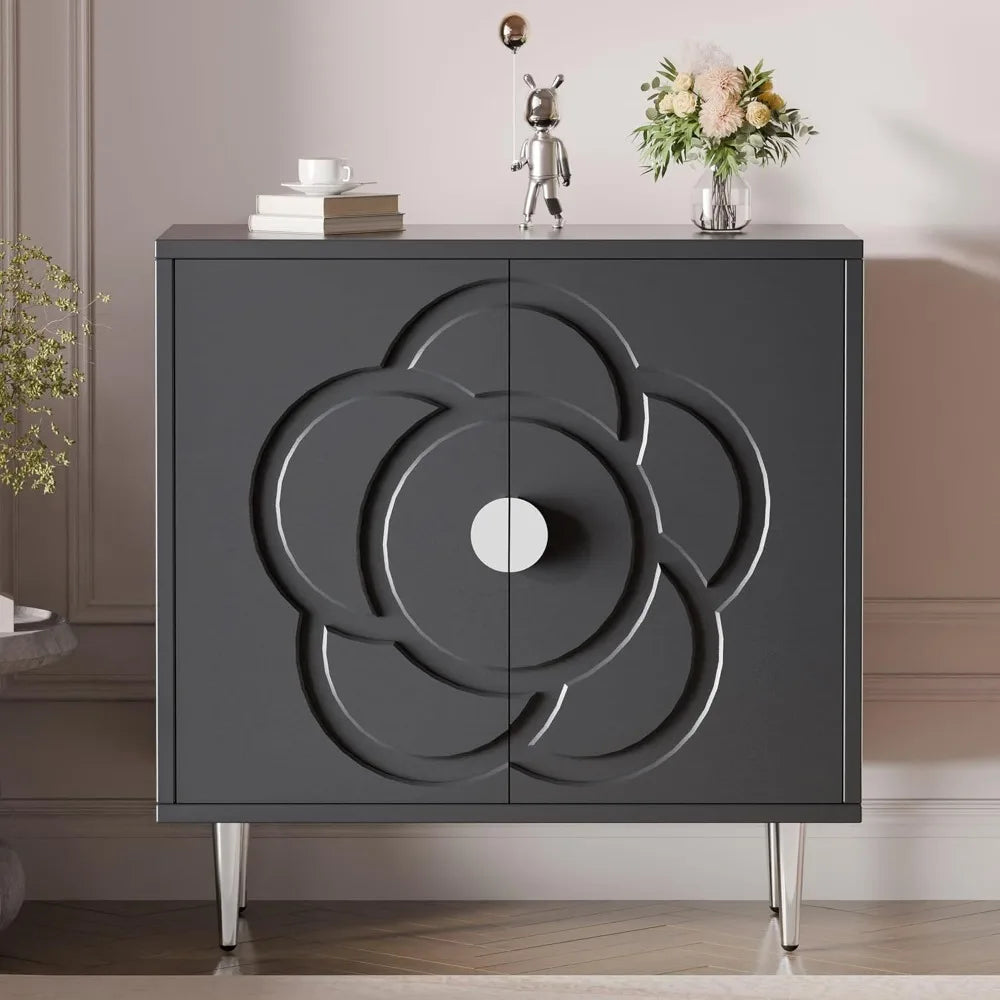 Modern Sideboard Storage Cabinet with Decorative Flower Pattern Doors