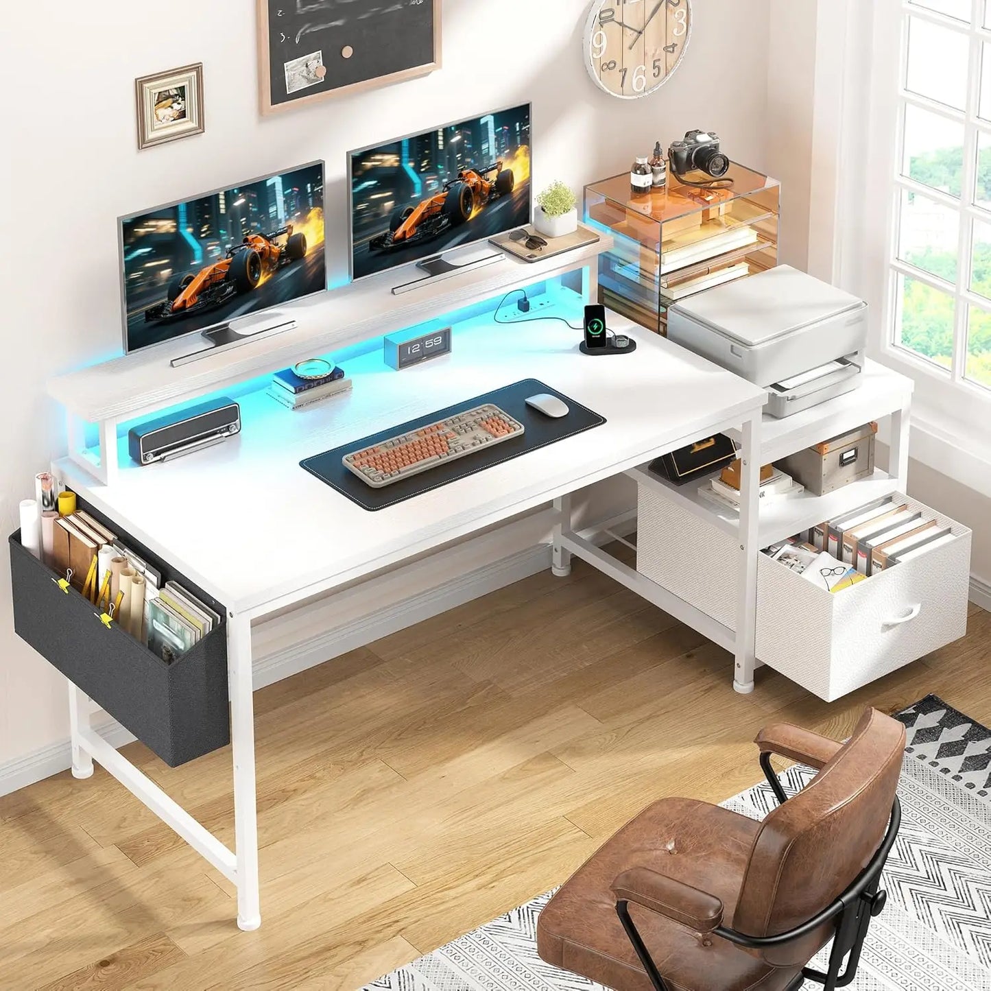 Ljustra Computer Desk with Power Outlets LED Lights Storage Home Office