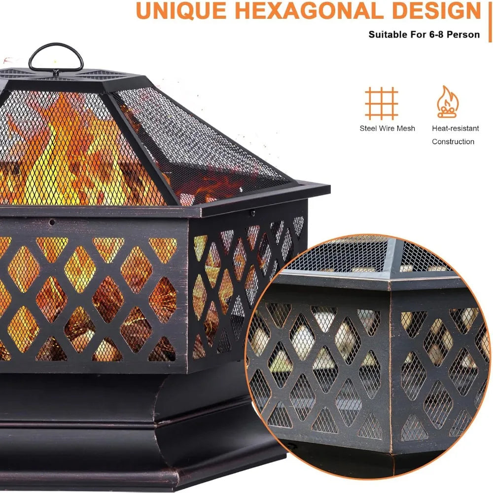 Outdoor Fire Pit Hexagon Wood Burning Patio Bonfire 33 Inch