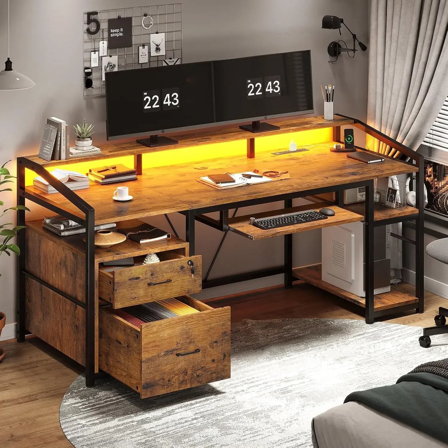 63 Inch Computer Desk Office Desk with Lockable Drawers LED Lights Power Outlet