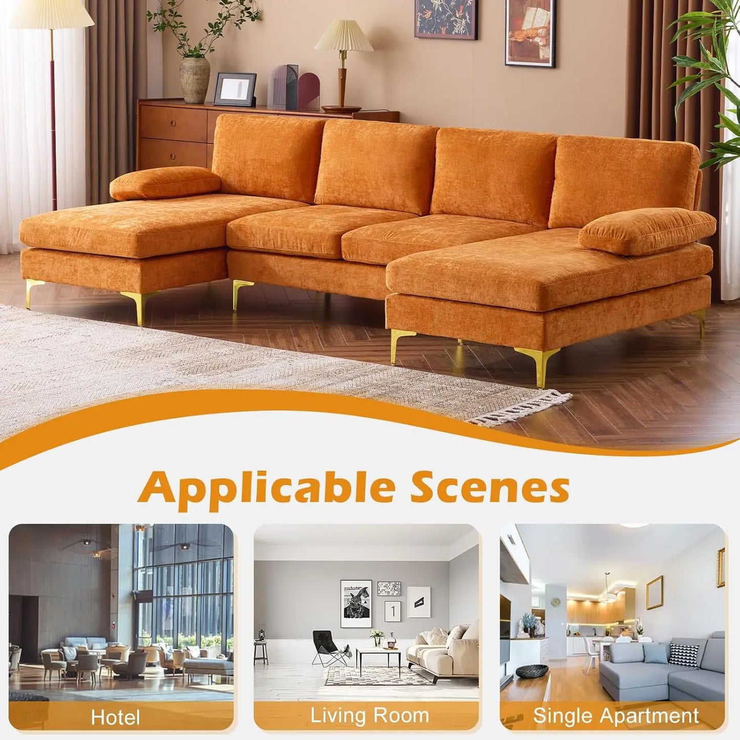 Ljustra Modern U-Shape Couch, 4-Seat Chenille Sectional Sofa, Burnt Orange, 110"