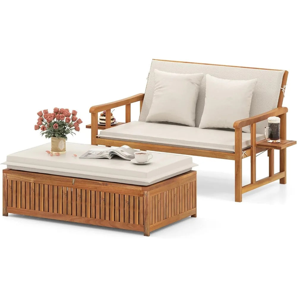 Outdoor Wood Daybed Solid Acacia Loveseat Storage Ottoman Adjustable Backrest