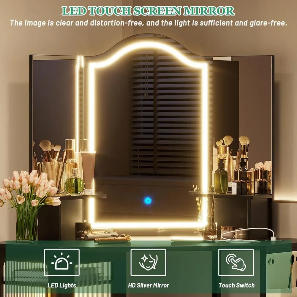 Corner Vanity Desk with Mirror LED Lights Makeup Charging Station