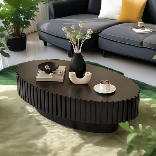 Modern Oval Coffee Table Handcrafted Drum Fluted Center Table