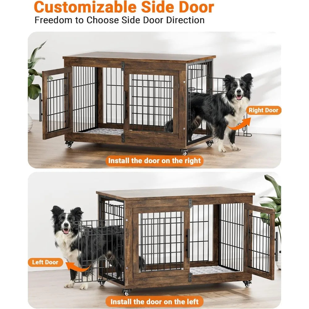 Ljustra Dog Crate Furniture with Cushion Set of 2 Large Wooden Kennel