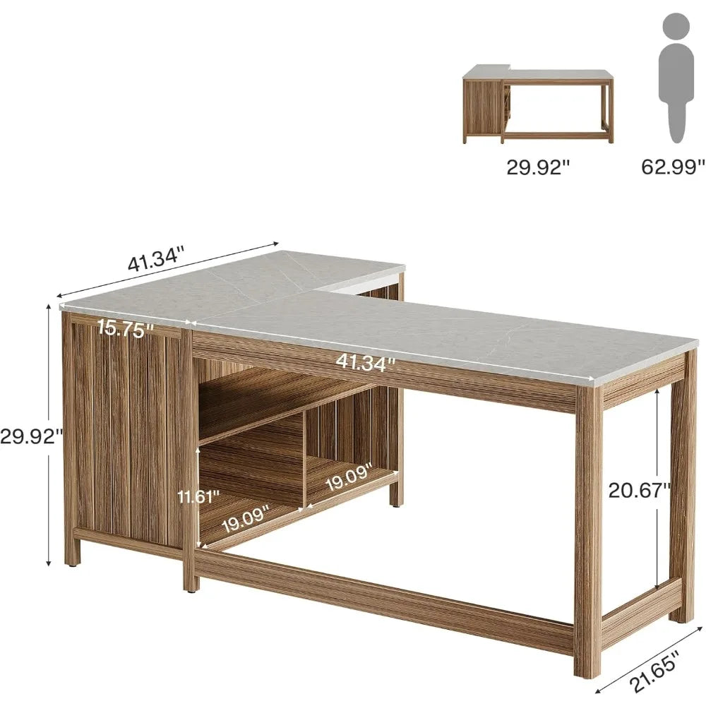 L-Shaped Executive Desk 57" Modern Computer Desk with Storage Shelves