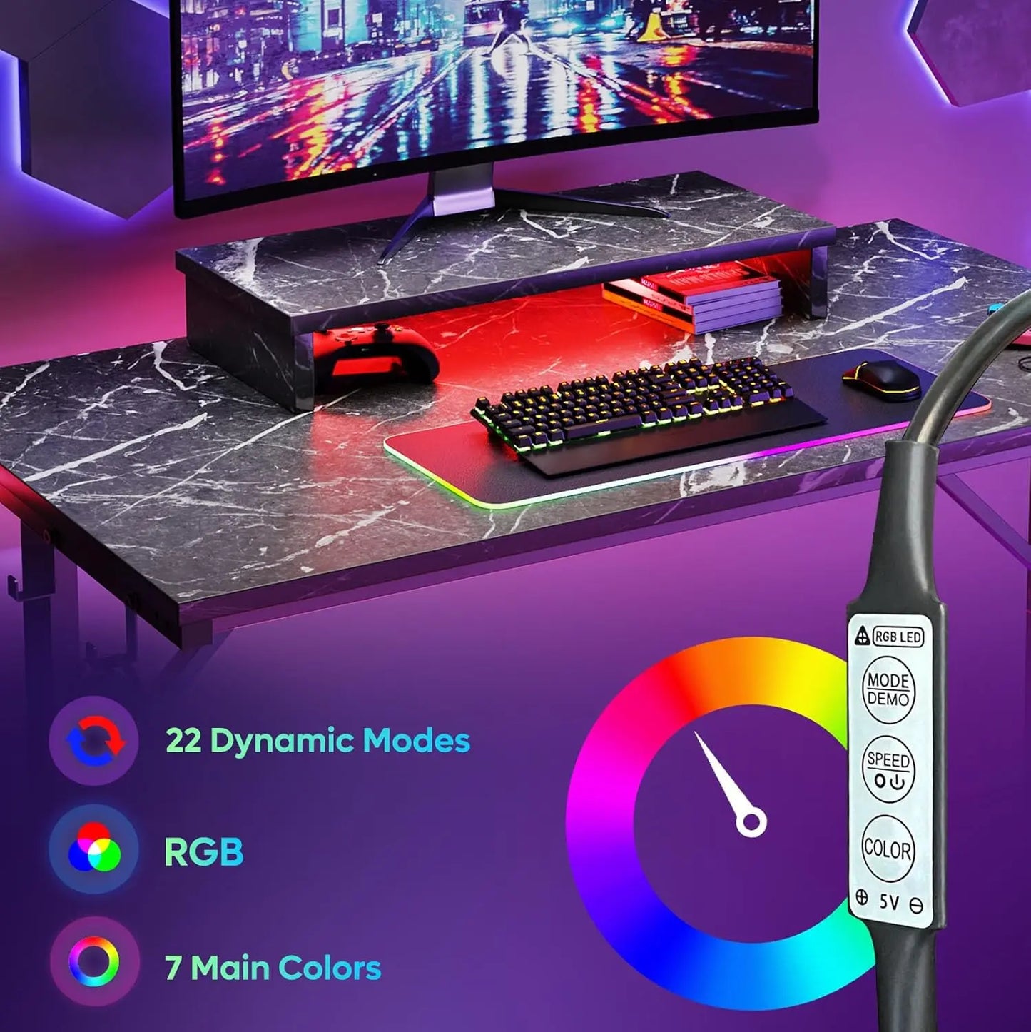 Gaming Desk with LED Lights 42 Inch Computer Desk Gamer Workstation