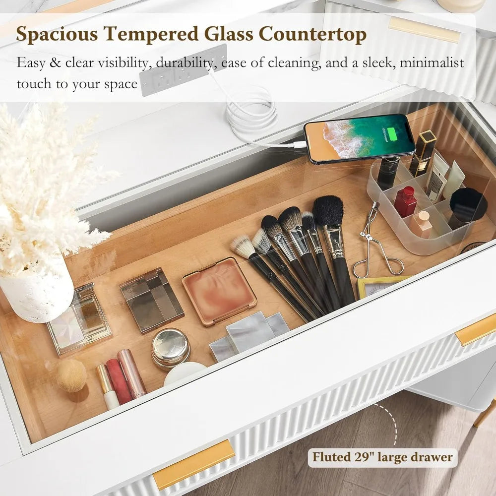 Corner Vanity Desk with Mirror Lights Storage and Charging Outlet