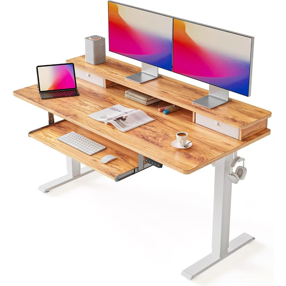 Adjustable Standing Desk with Drawers Keyboard Tray Storage Shelf
