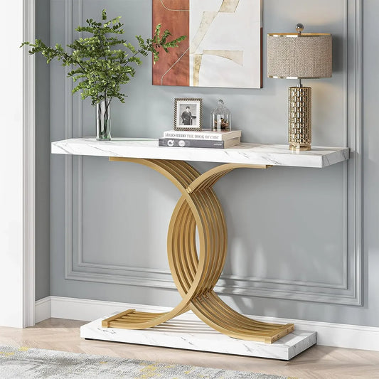 Ljustra Modern 39-Inch Console Table Faux Marble Gold Metal Legs