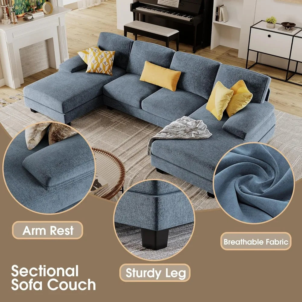 U-Shaped 4-Seat Sectional Sofa Double Chaise Linen Couch Modern Living Rooms