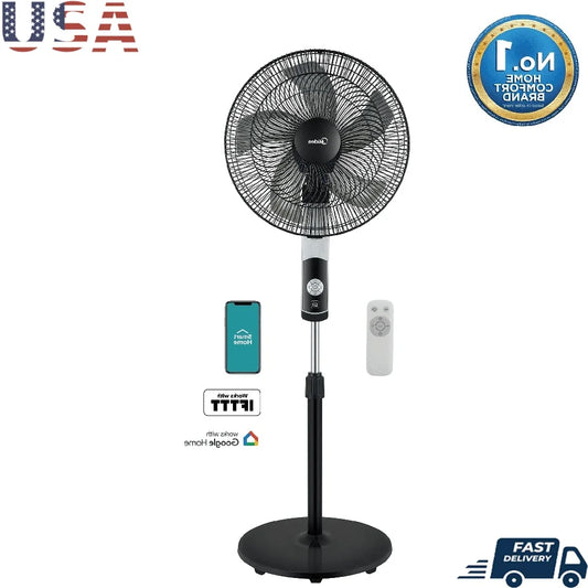 16 Inch Smart Pedestal Fan with 12 Speed Settings Wi-Fi Control Adjustable Height 12 Hour Timer Quiet Operation Remote Included