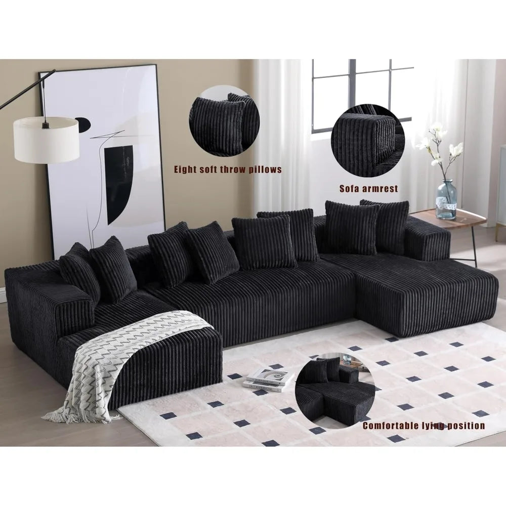 Modern Black U-Shaped Corduroy Sectional Sofa w/ Chaise Lounges, 130" Wide